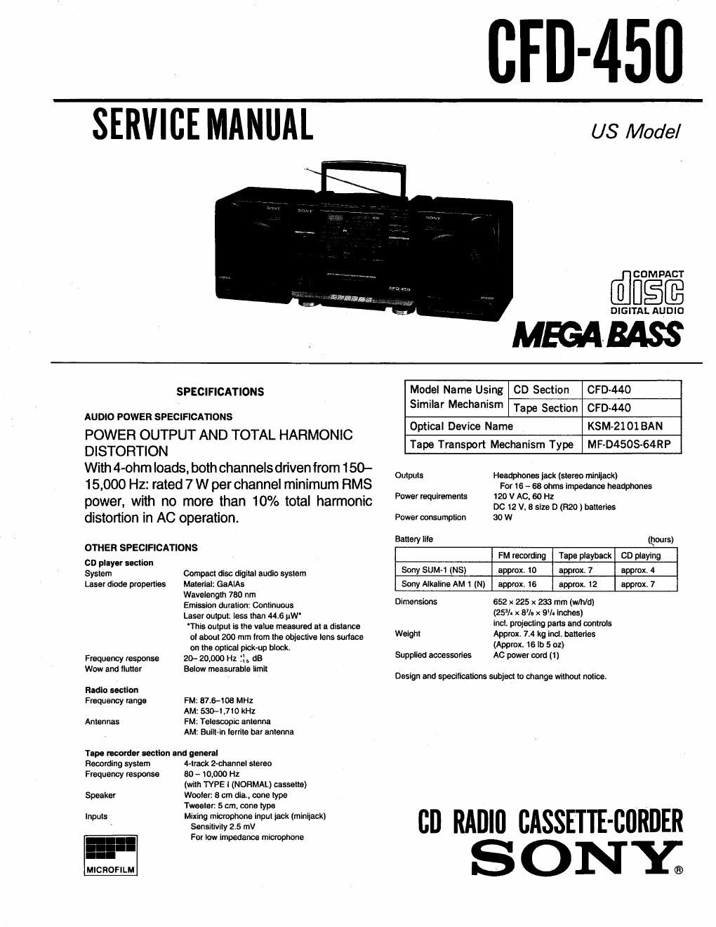 sony cfd 450 service manual