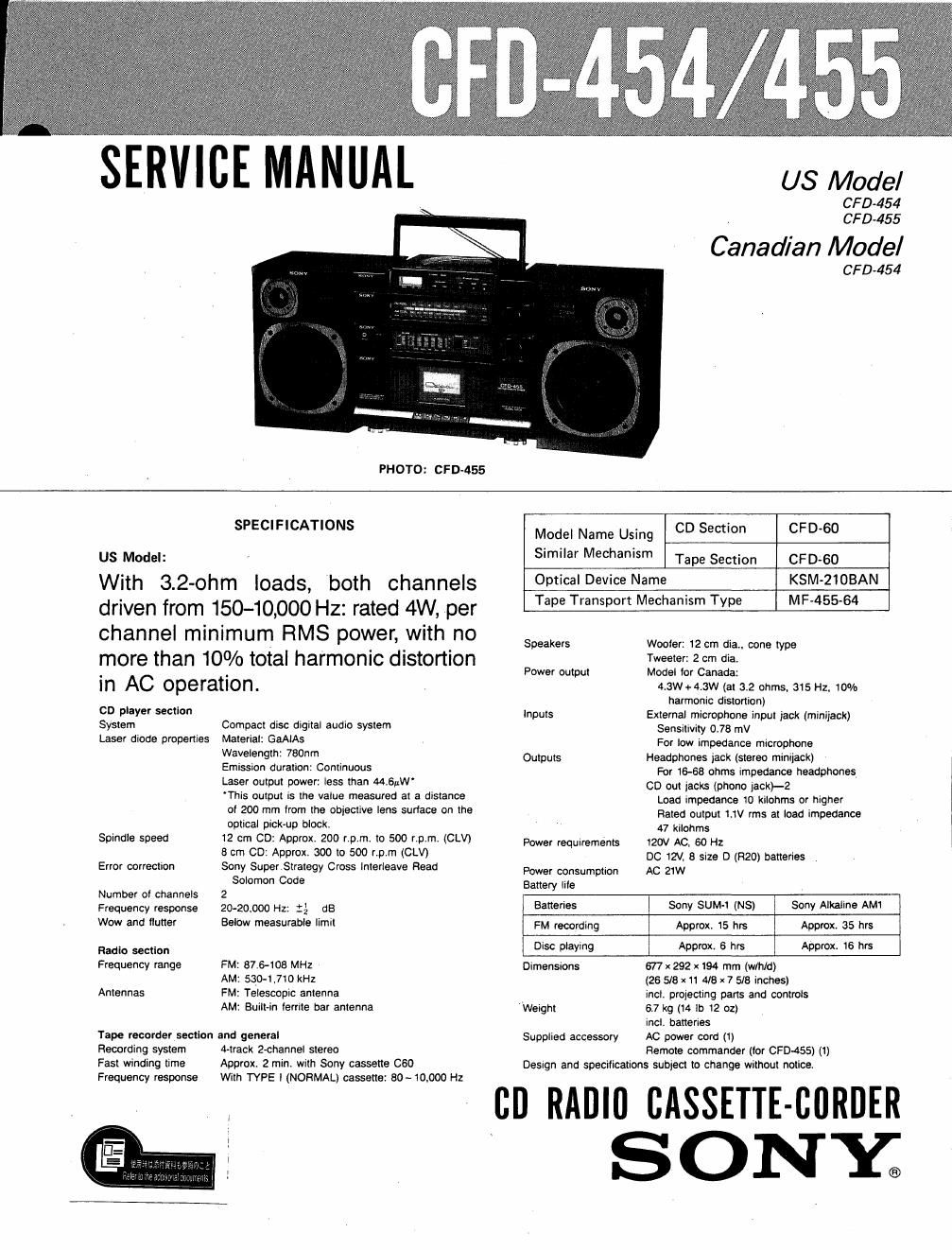 sony cfd 454 service manual