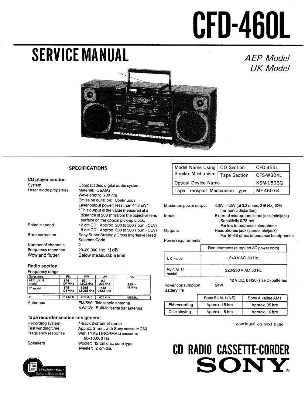 sony cfd 460 l service manual