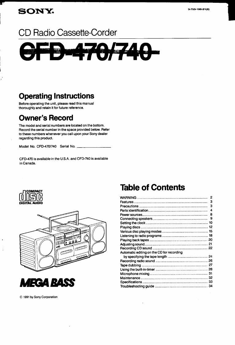 sony cfd 470 owners manual