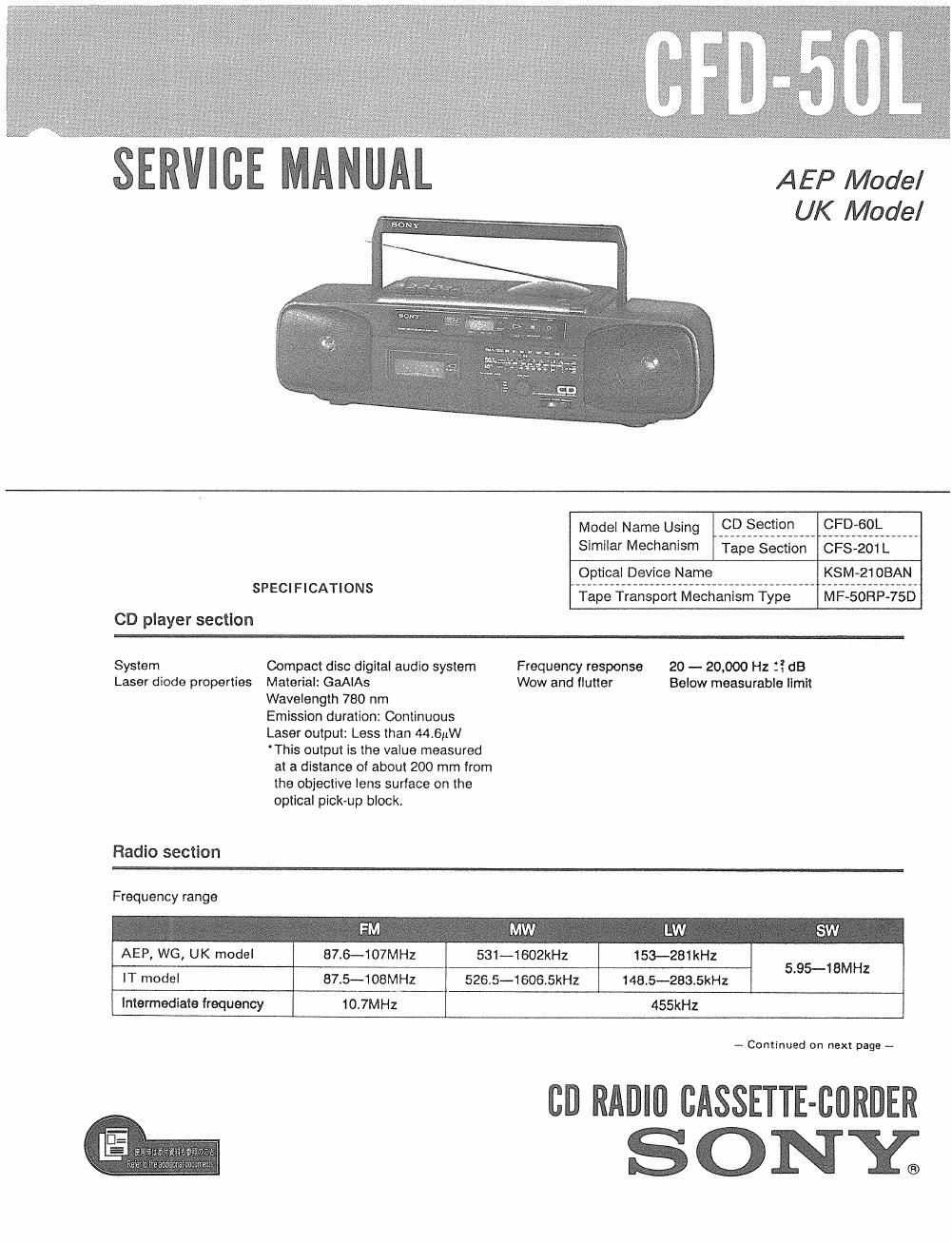 sony cfd 50 l service manual