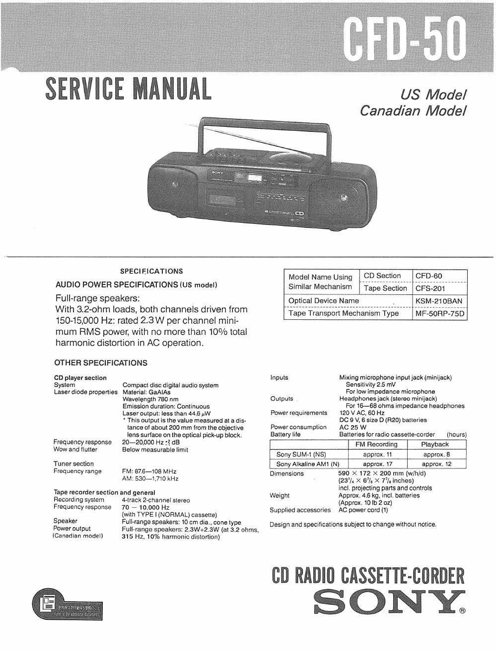 sony cfd 50 service manual