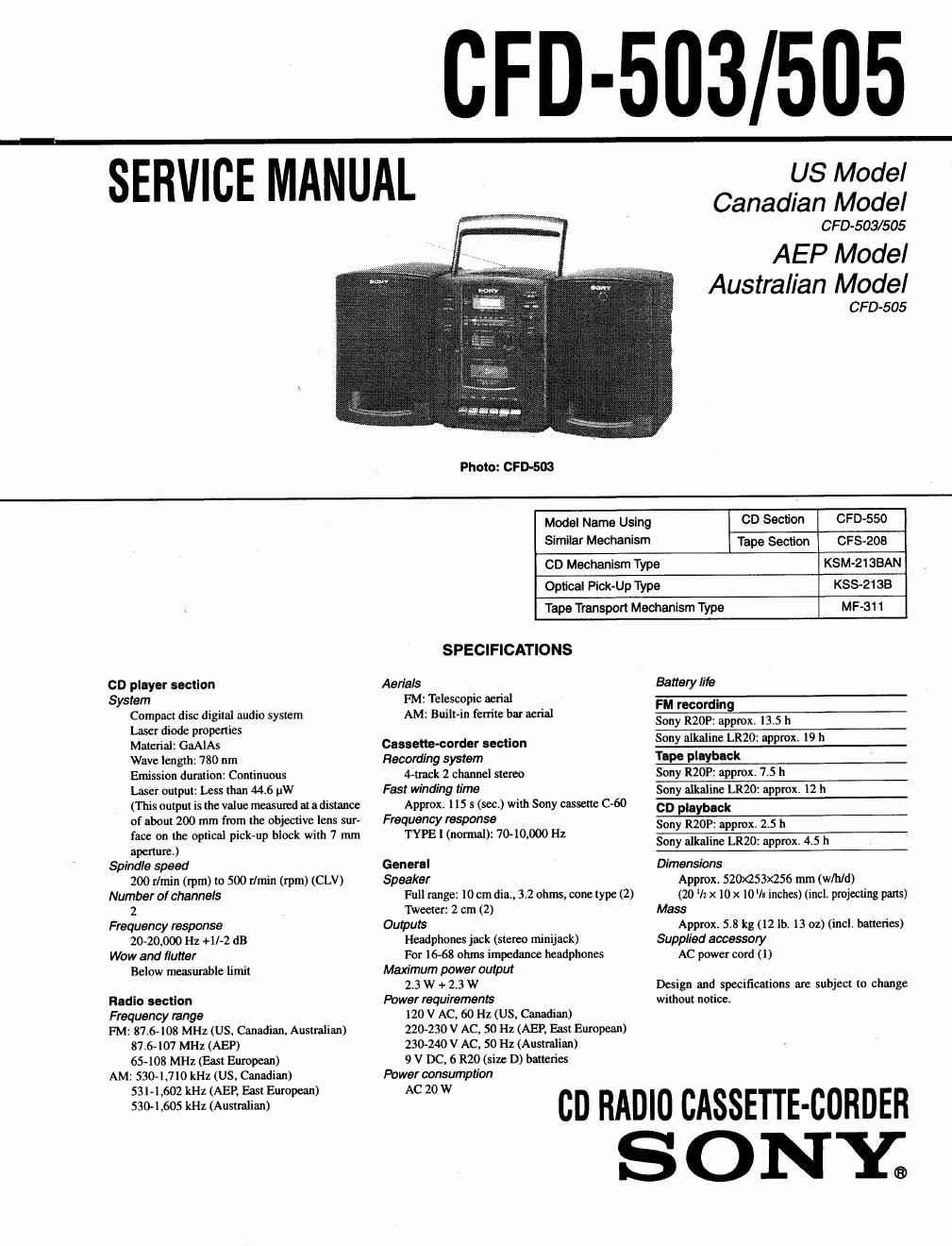 sony cfd 503 service manual