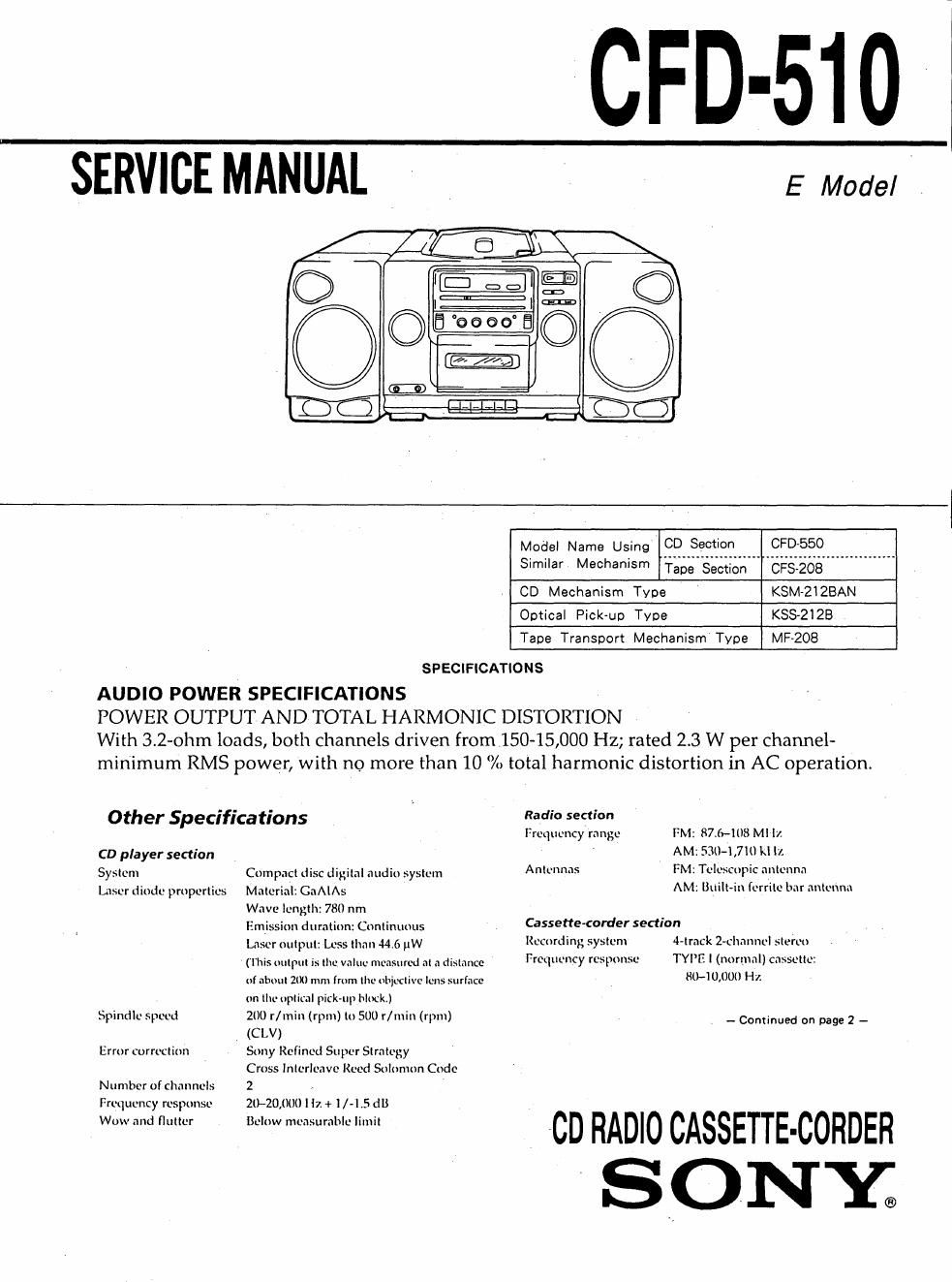 sony cfd 510 service manual