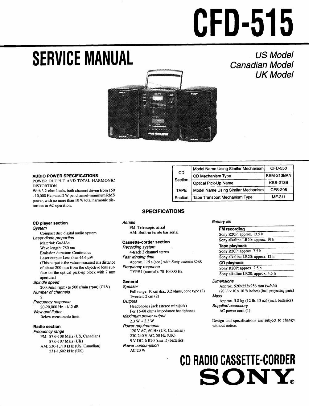 sony cfd 515 service manual