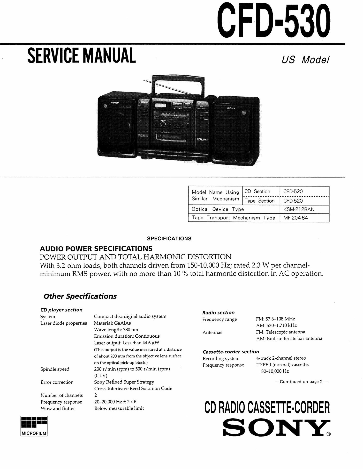 sony cfd 530 service manual
