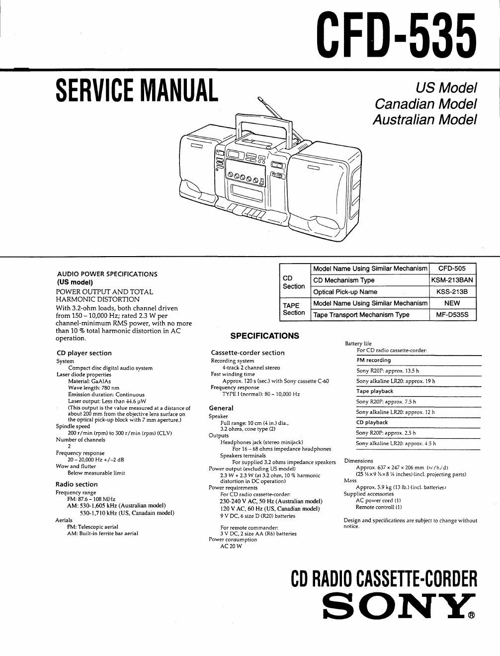 sony cfd 535 service manual