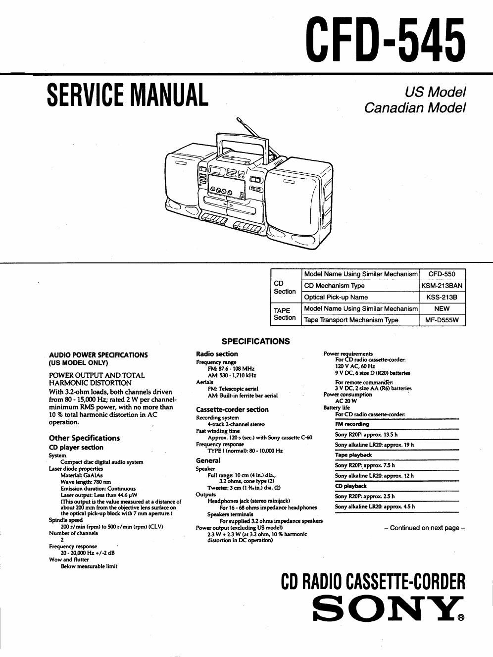 sony cfd 545 service manual