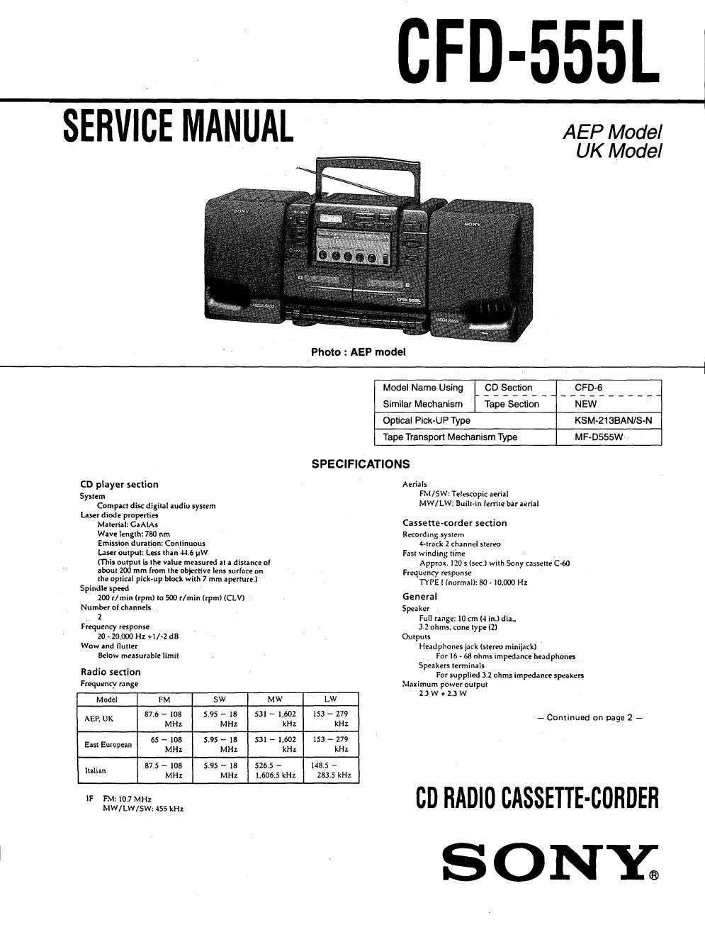 sony cfd 555 l service manual