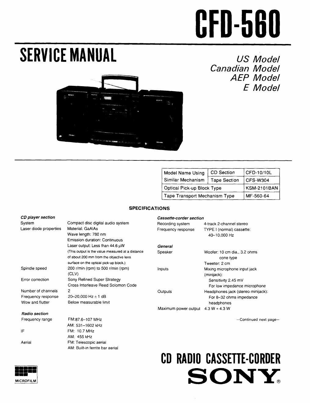 sony cfd 560 service manual