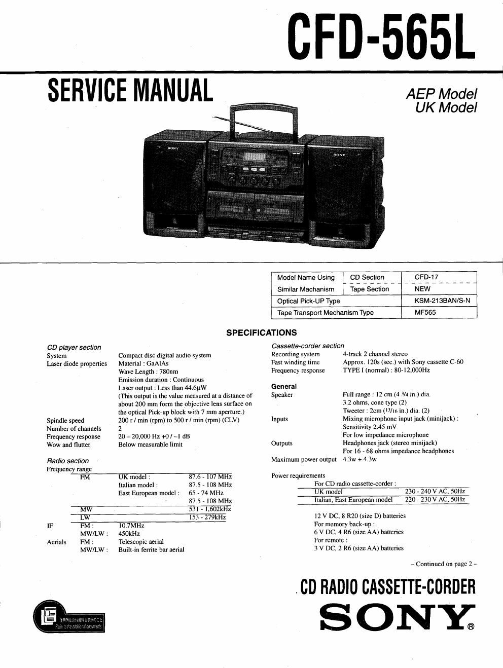 sony cfd 565 l service manual