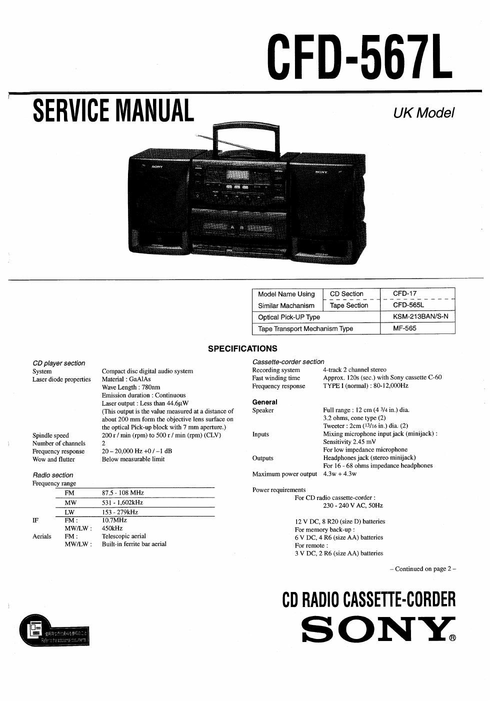 sony cfd 567 l service manual