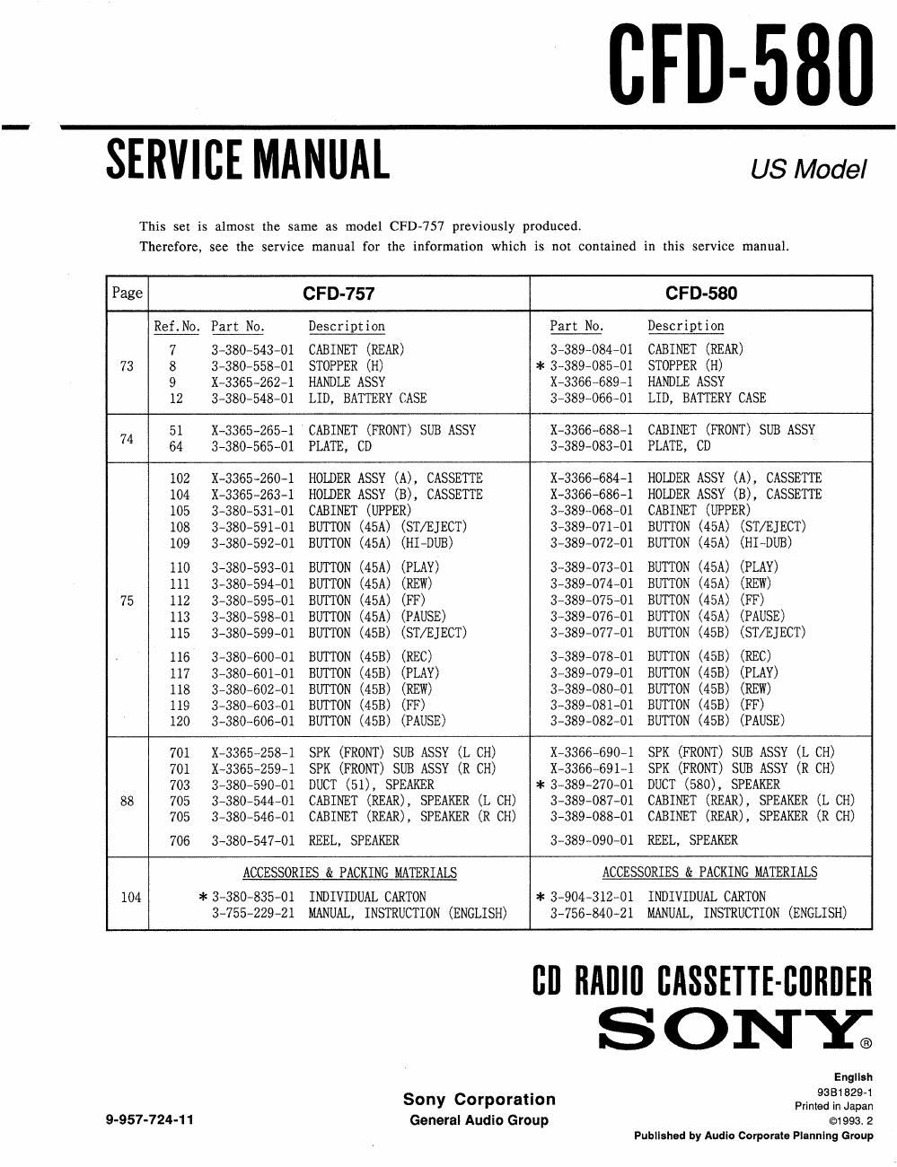 sony cfd 580 service manual