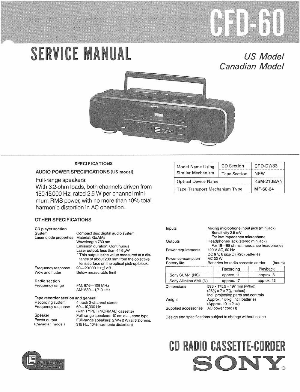 sony cfd 60 service manual