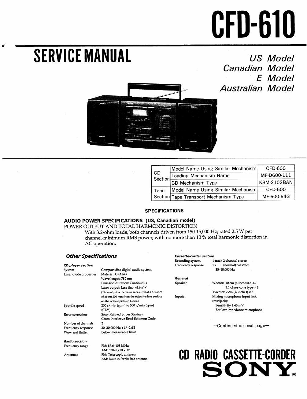 sony cfd 610 service manual