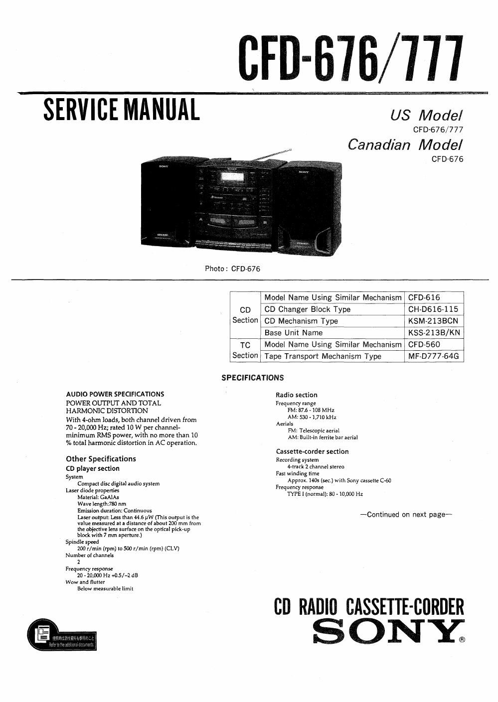 sony cfd 676 service manual