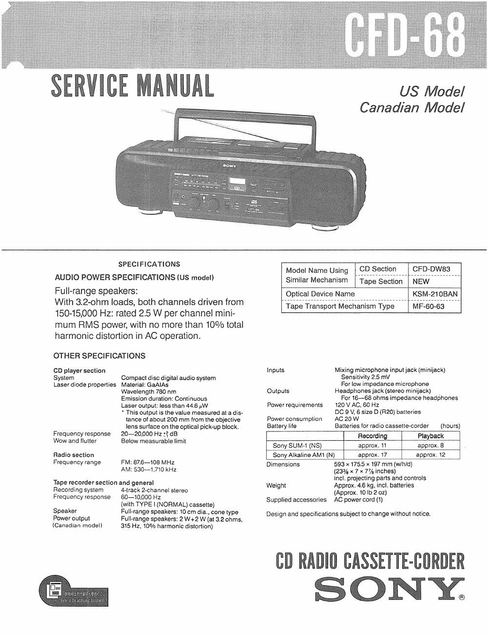 sony cfd 68 service manual
