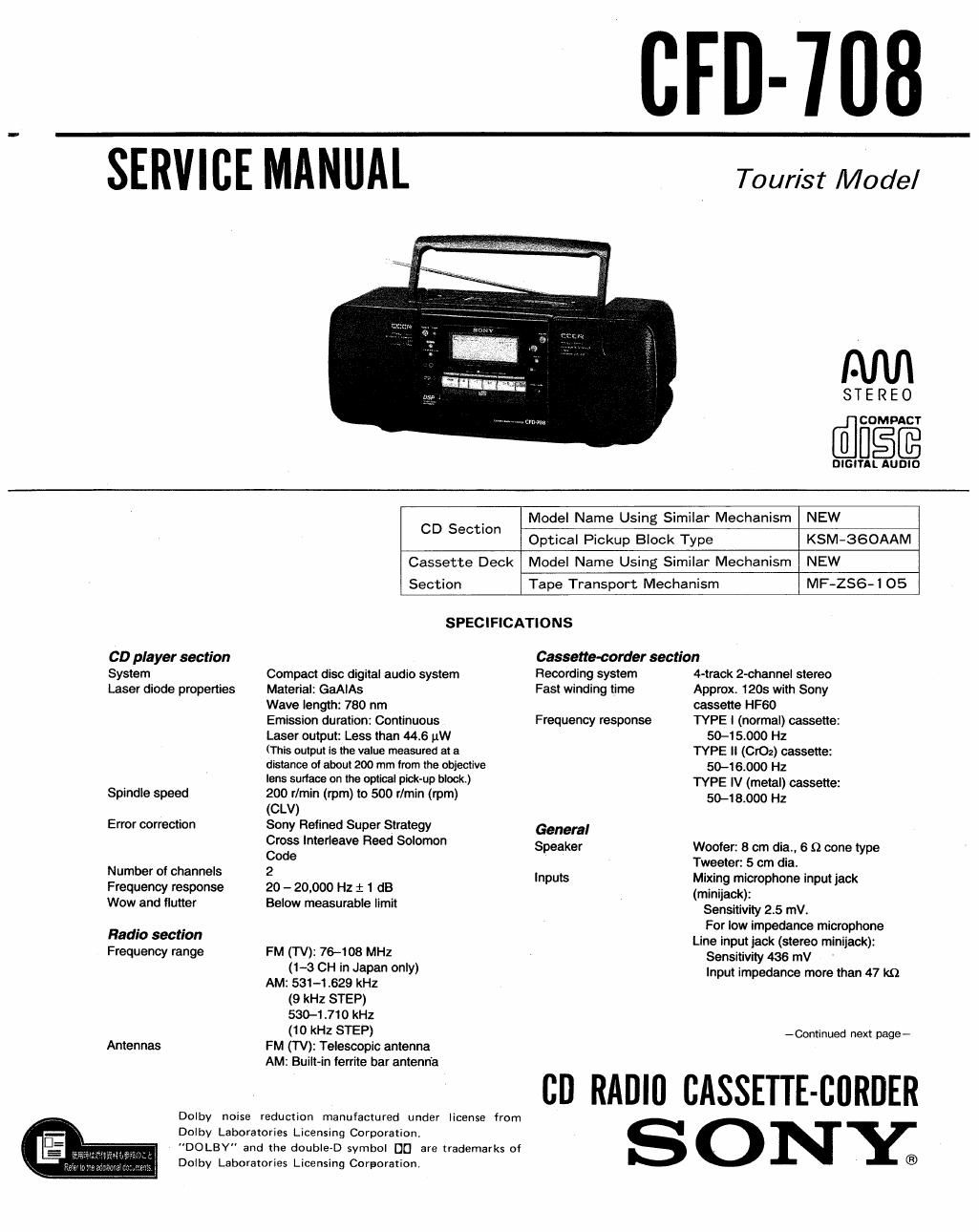 sony cfd 708 service manual