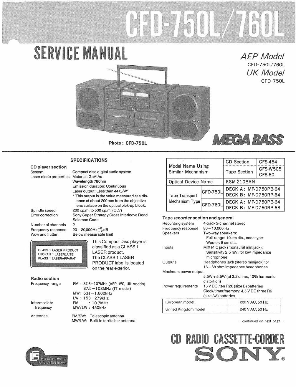 sony cfd 750 l service manual