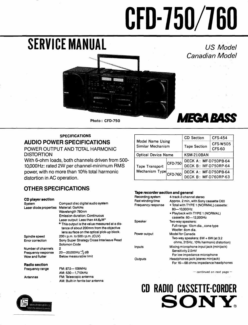 sony cfd 750 service manual