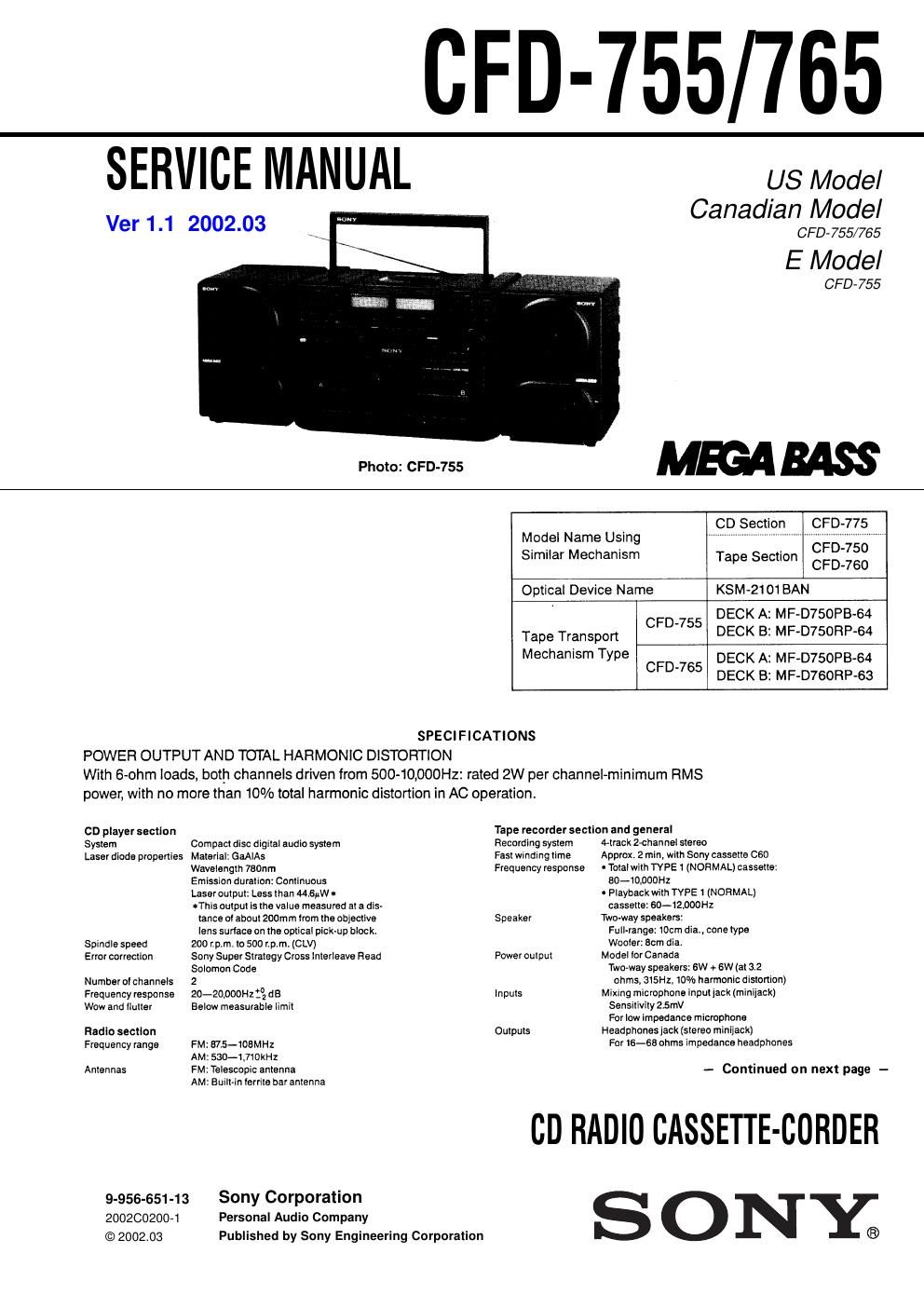 sony cfd 755 service manual