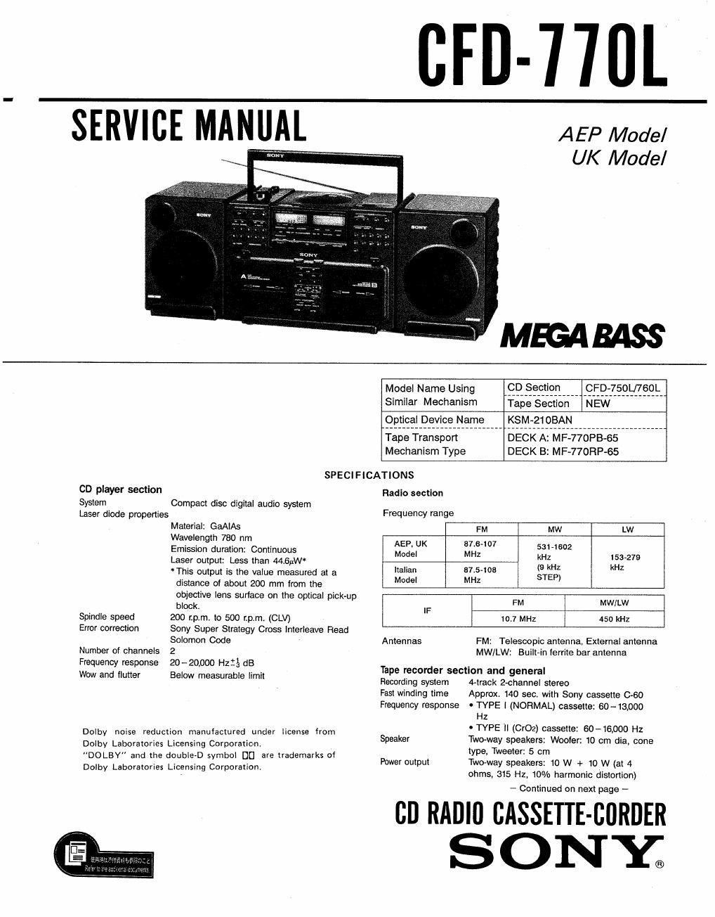 sony cfd 770 l service manual