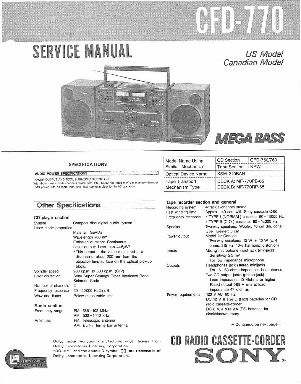 sony cfd 770 service manual
