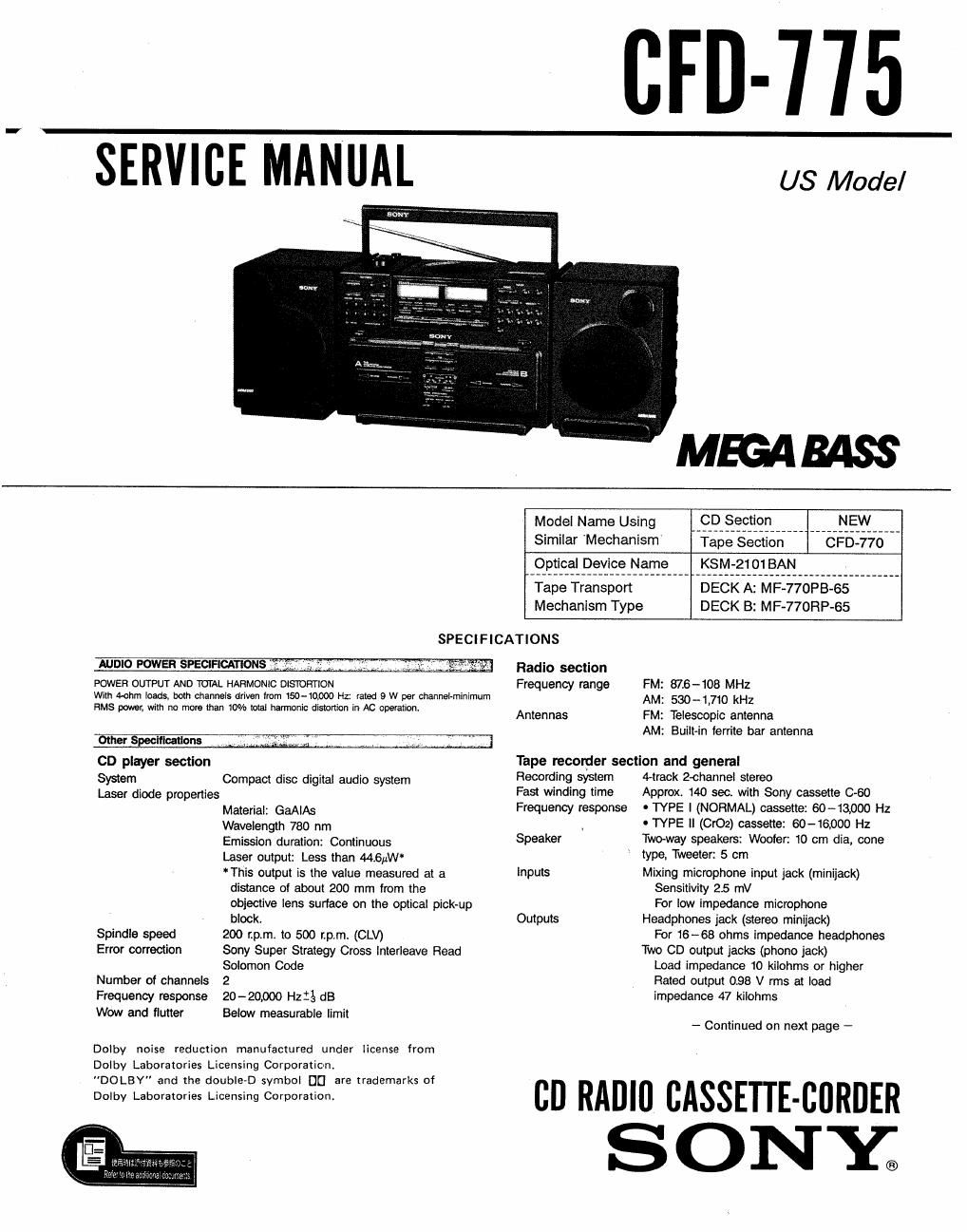sony cfd 775 service manual