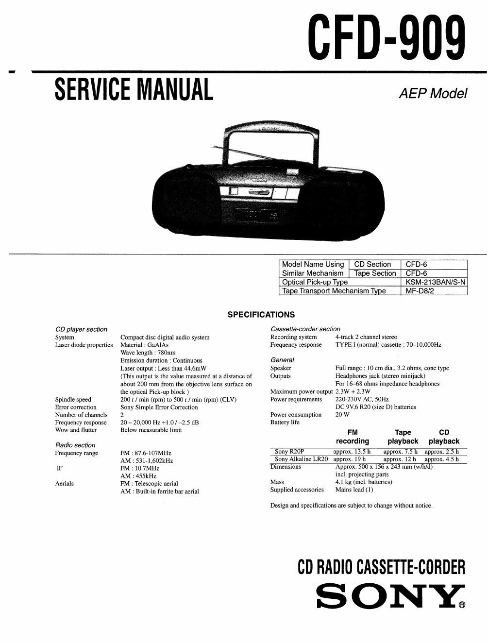 sony cfd 909 service manual