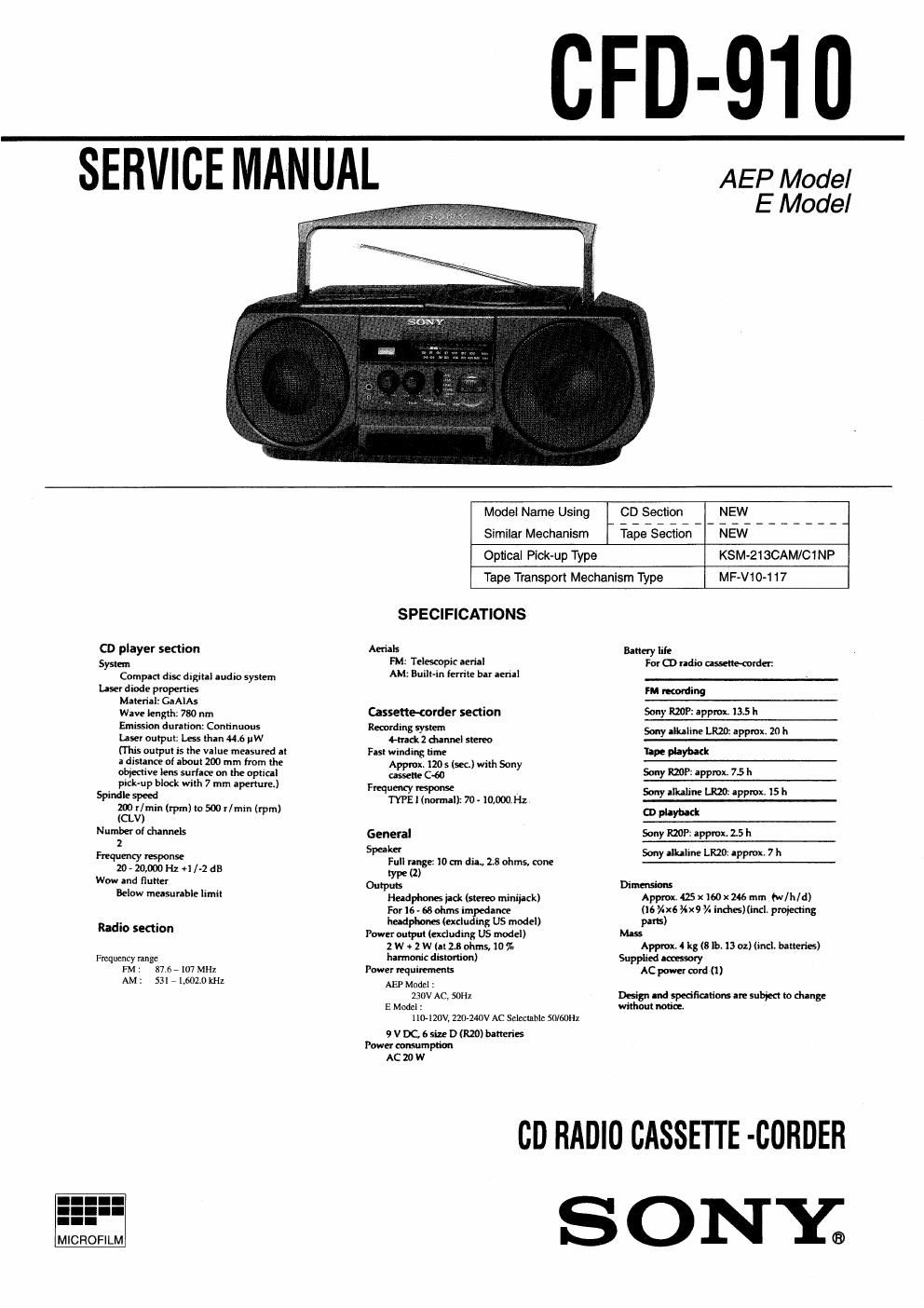 sony cfd 910 service manual