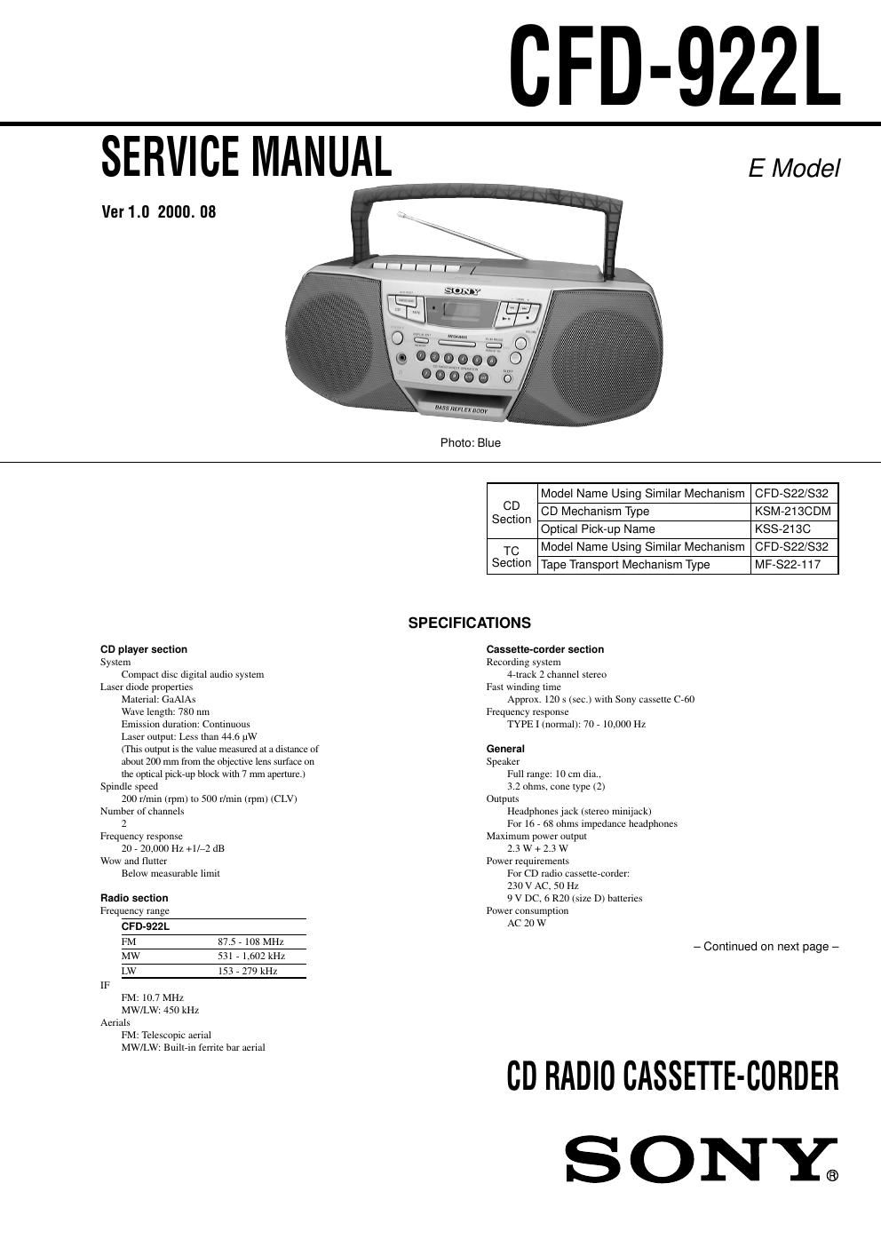 sony cfd 922 l service manual