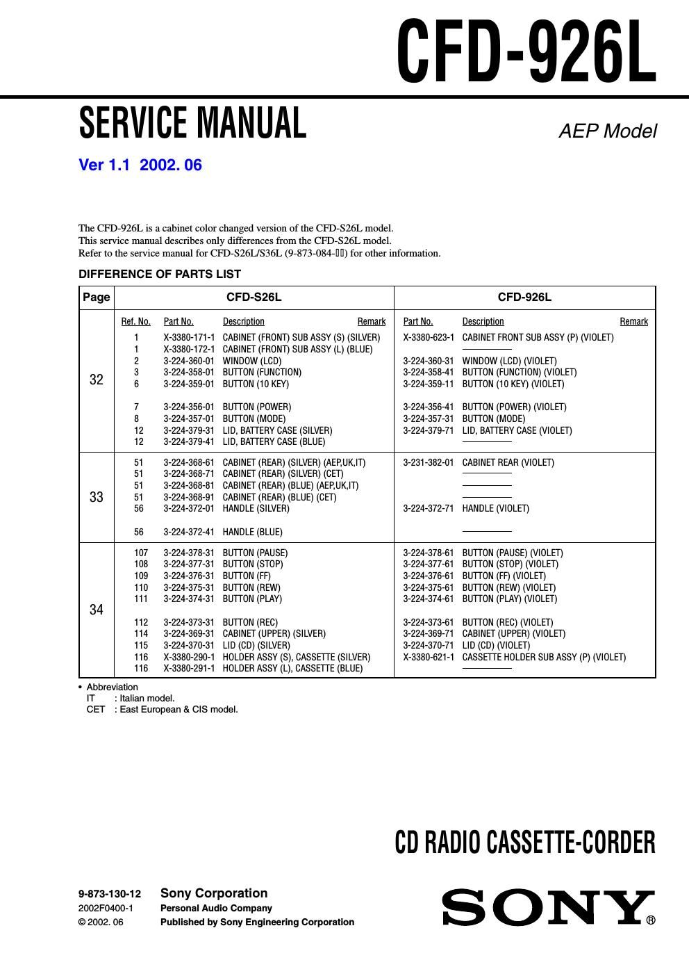 sony cfd 926 l service manual