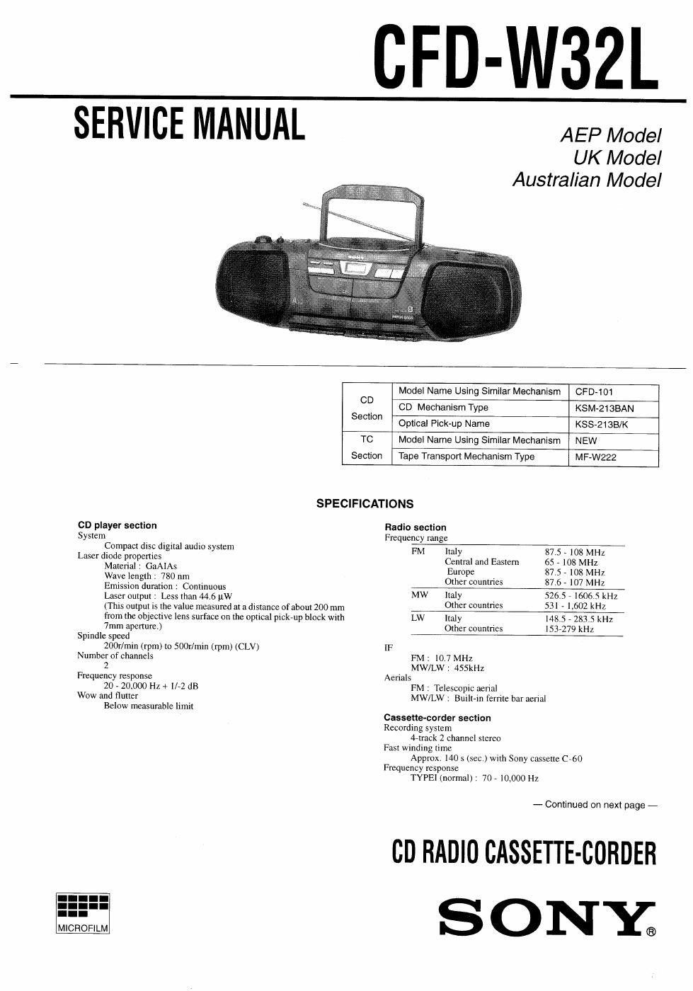 sony cfd w 32 l service manual