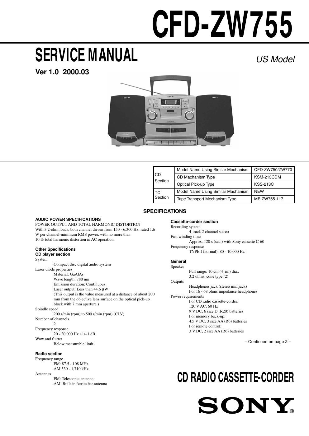 sony CFD zw 755 service manual