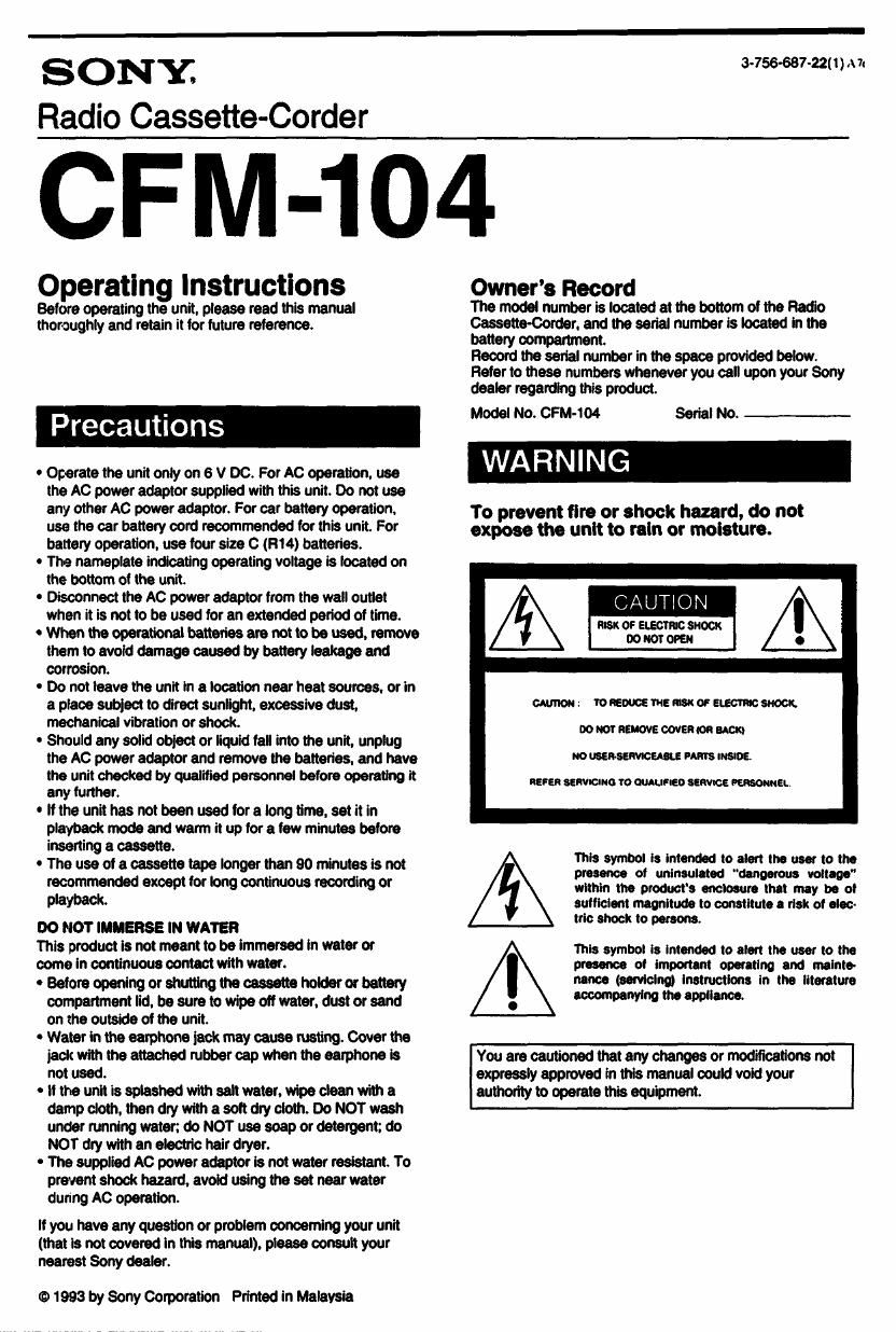 sony cfm 104 owners manual