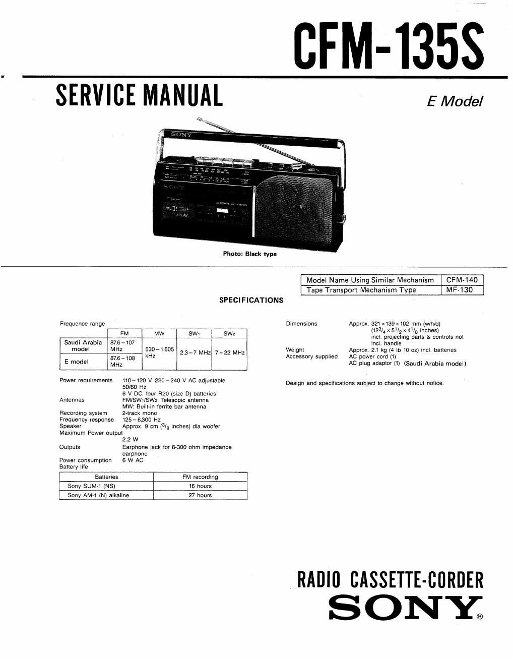 sony cfm 135 s service manual