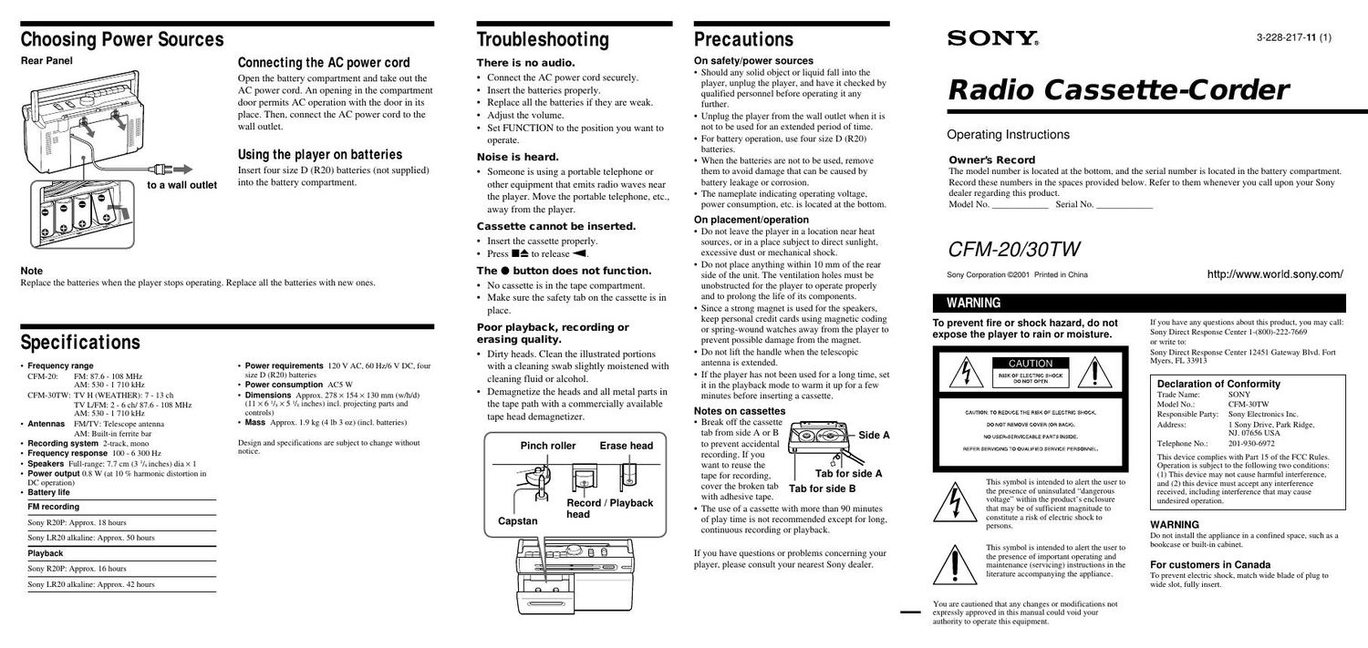 sony cfm 30 tw owners manual