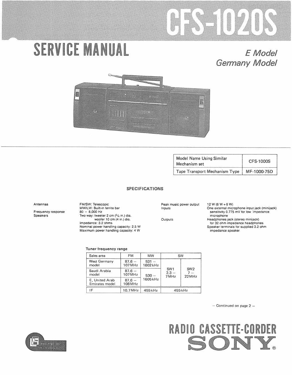 sony cfs 1020 s service manual
