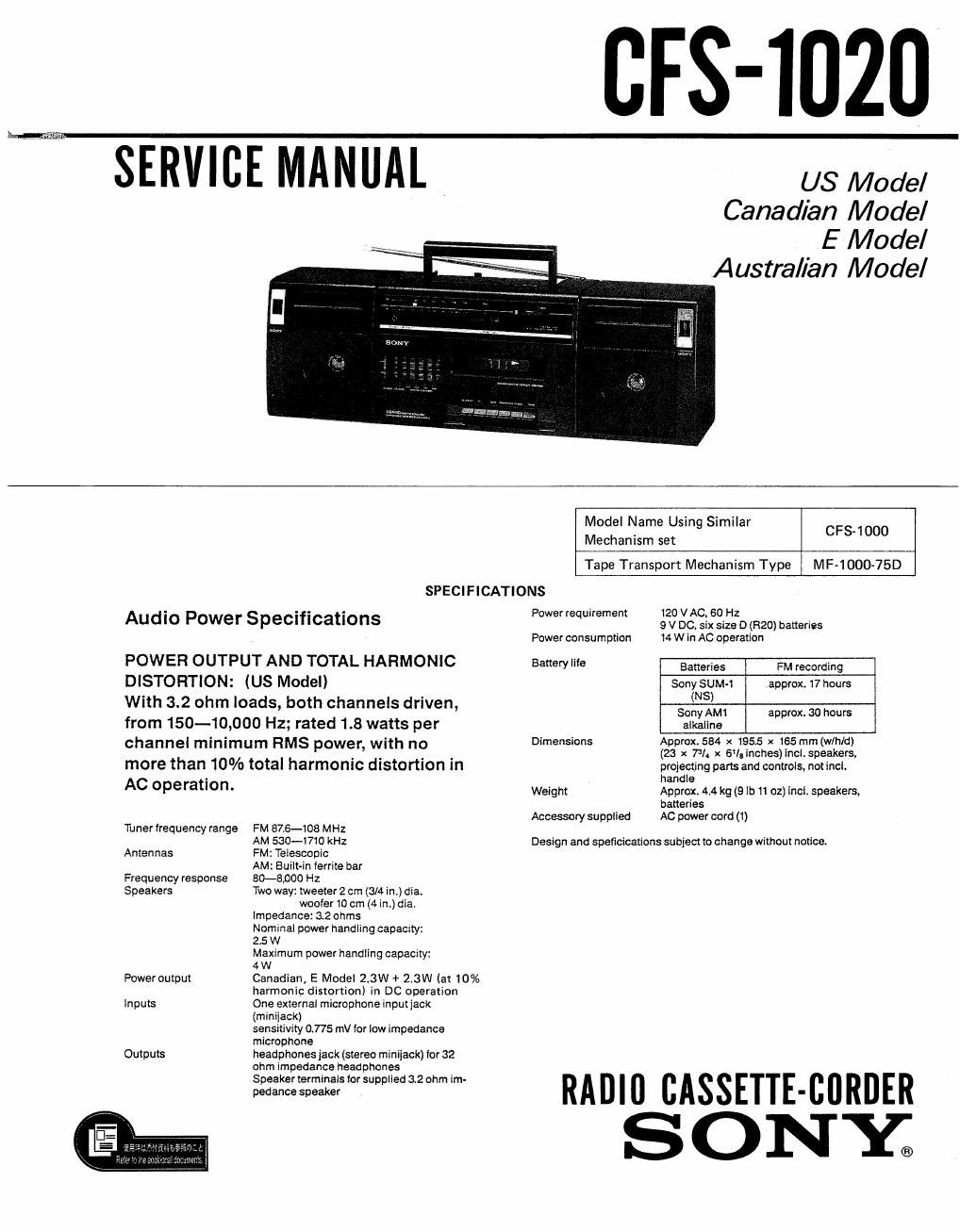 sony cfs 1020 service manual