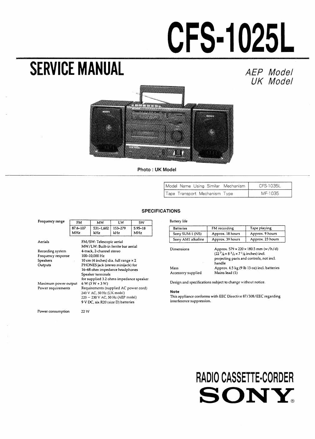 sony cfs 1025 l service manual