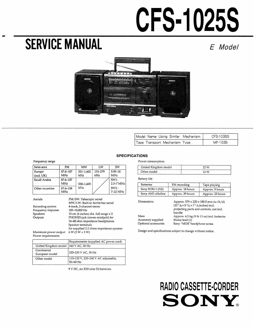 sony cfs 1025 s service manual