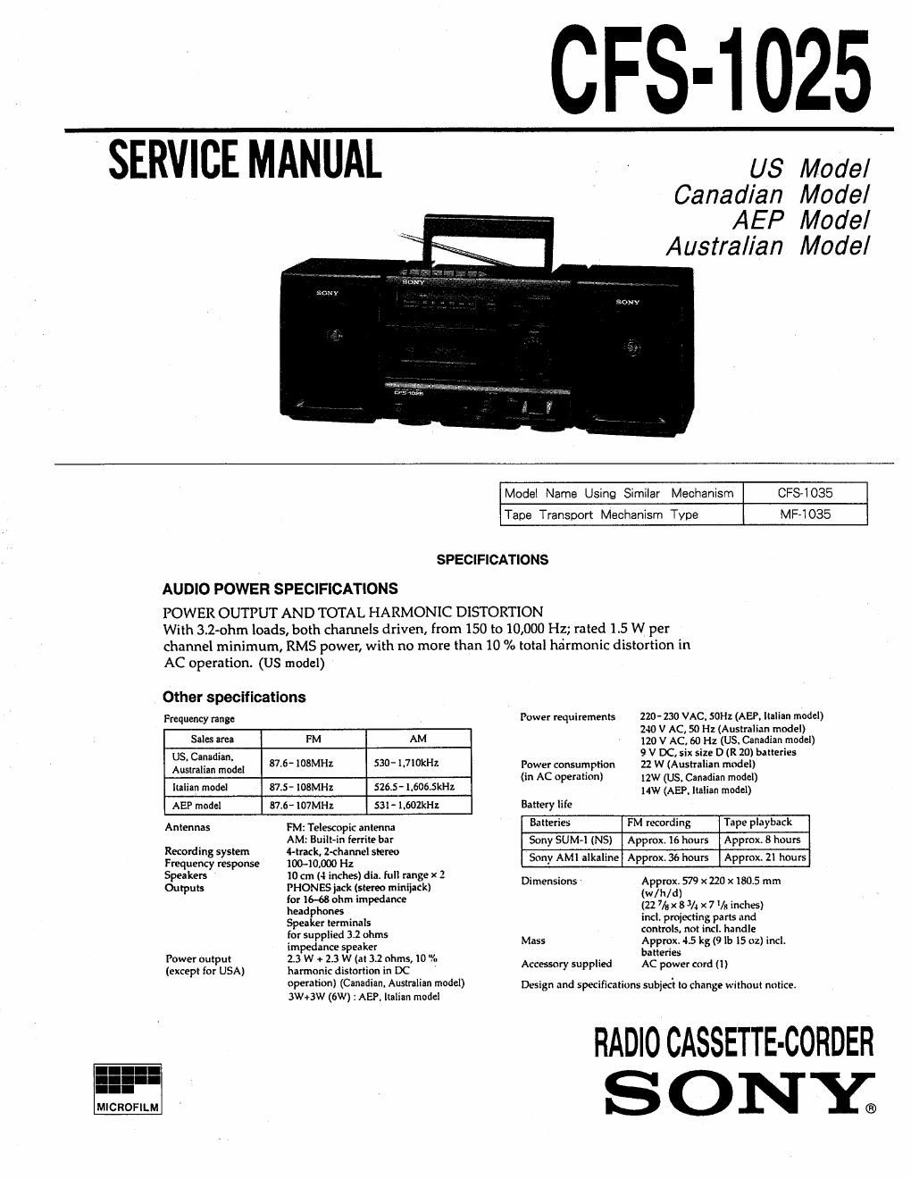 sony cfs 1025 service manual