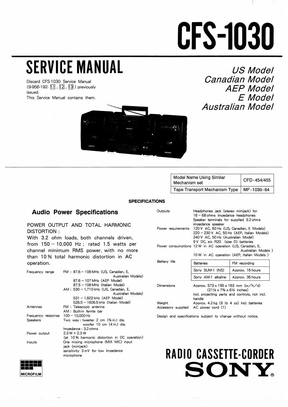 sony cfs 1030 service manual