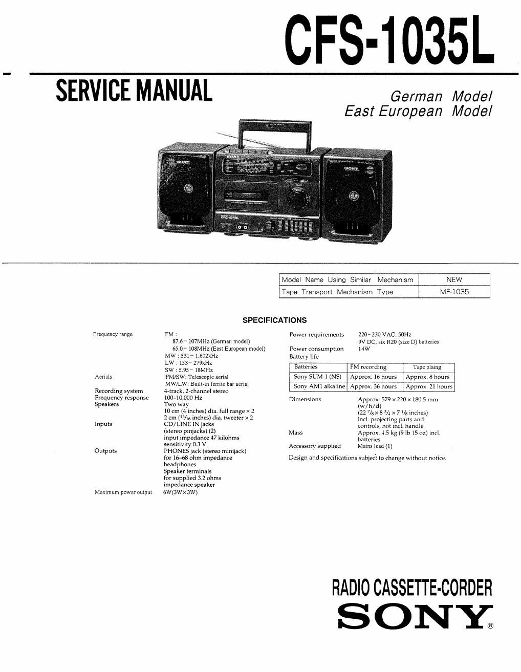sony cfs 1035 l service manual