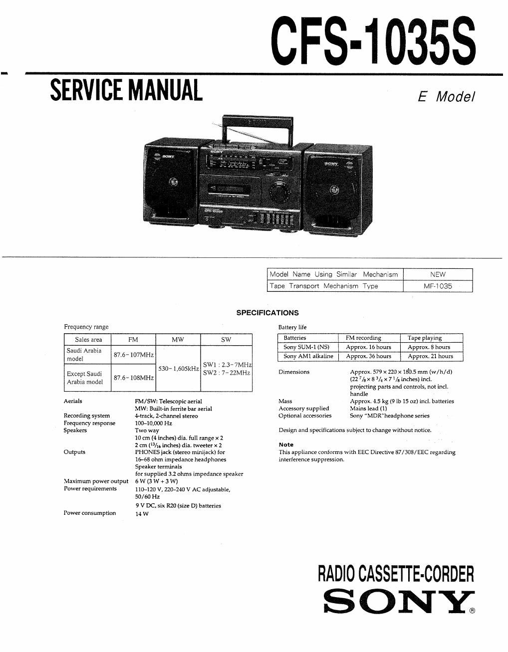 sony cfs 1035 s service manual