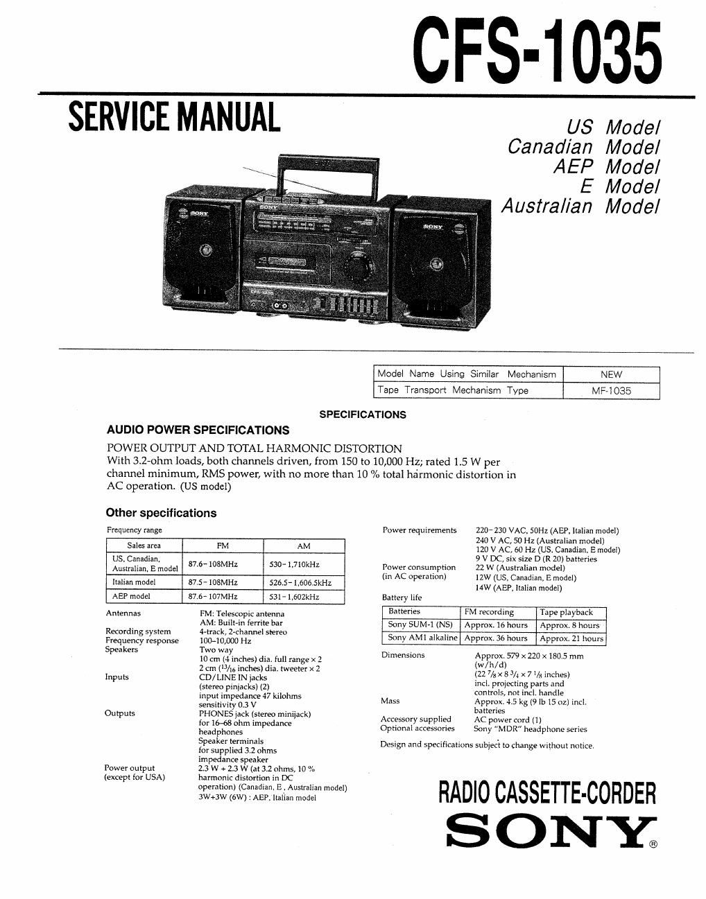 sony cfs 1035 service manual