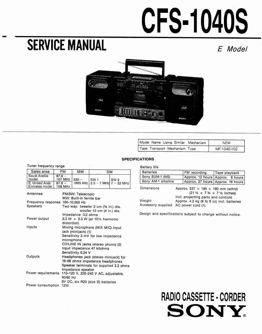 sony cfs 1040 s service manual