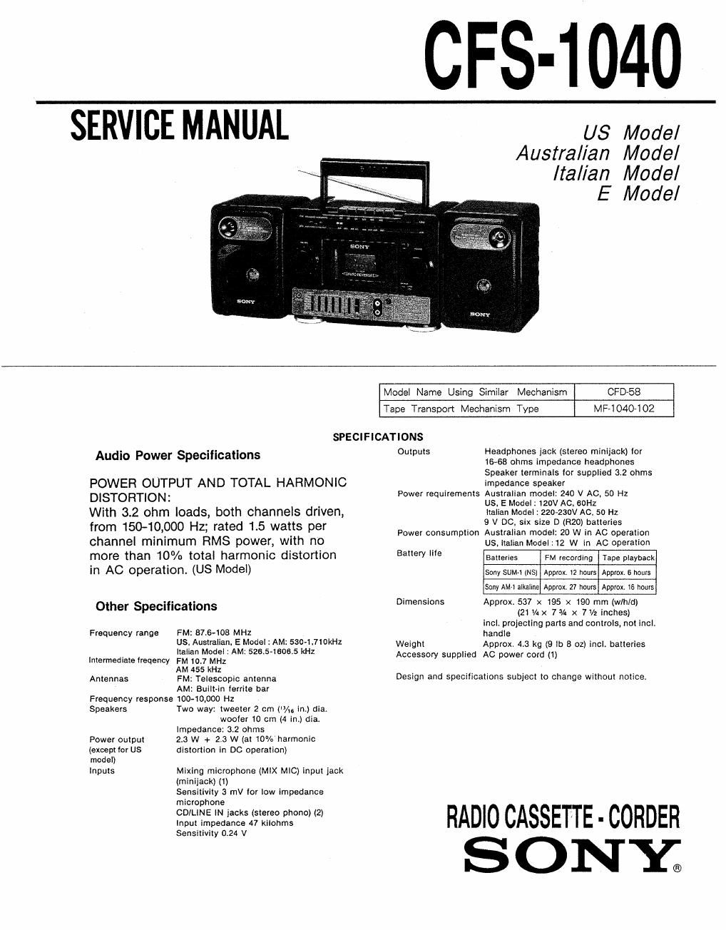 sony cfs 1040 service manual