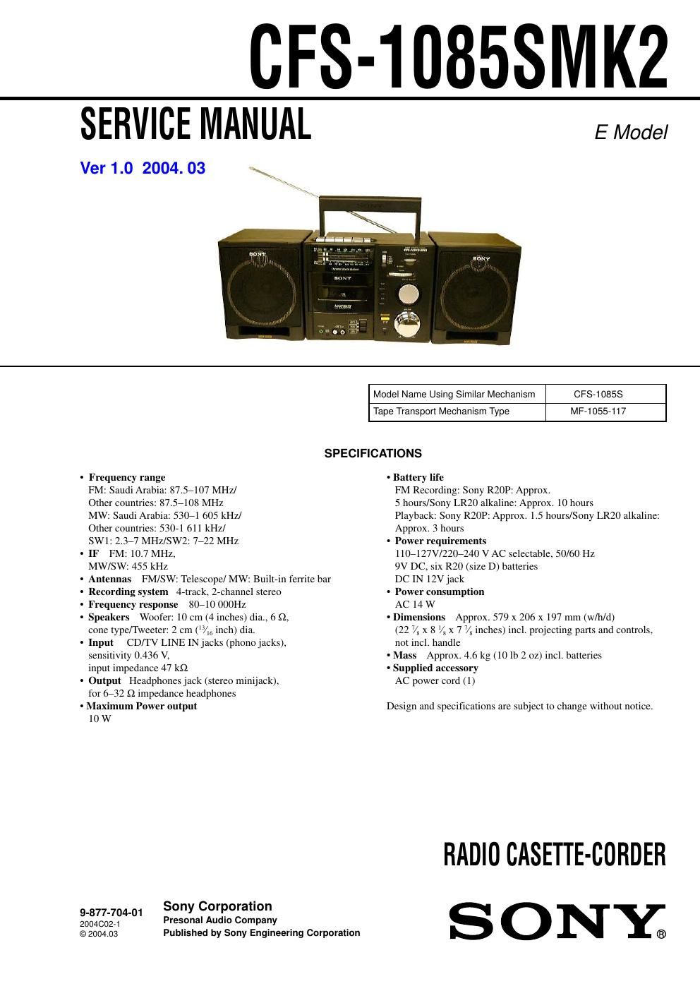 sony cfs 1085 s mk2 service manual