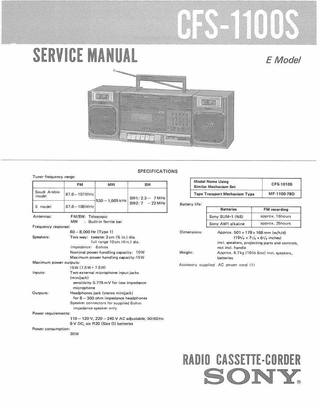 sony cfs 1100 s service manual